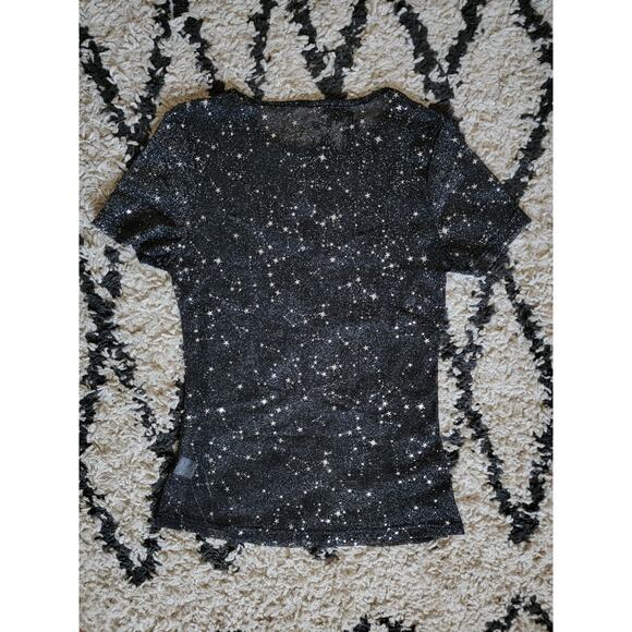 NWT Mangopop Black Sheer Mesh Shimmer Silver Star Metallic Fitted Shirt Size XL - Picture 5 of 5